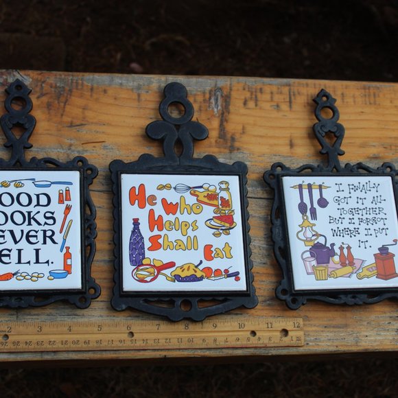 Vintage Cast Iron Ceramic Kitchen Trivets – Set of 3 –Arco 1970s Funny Sayings - Picture 8 of 16
